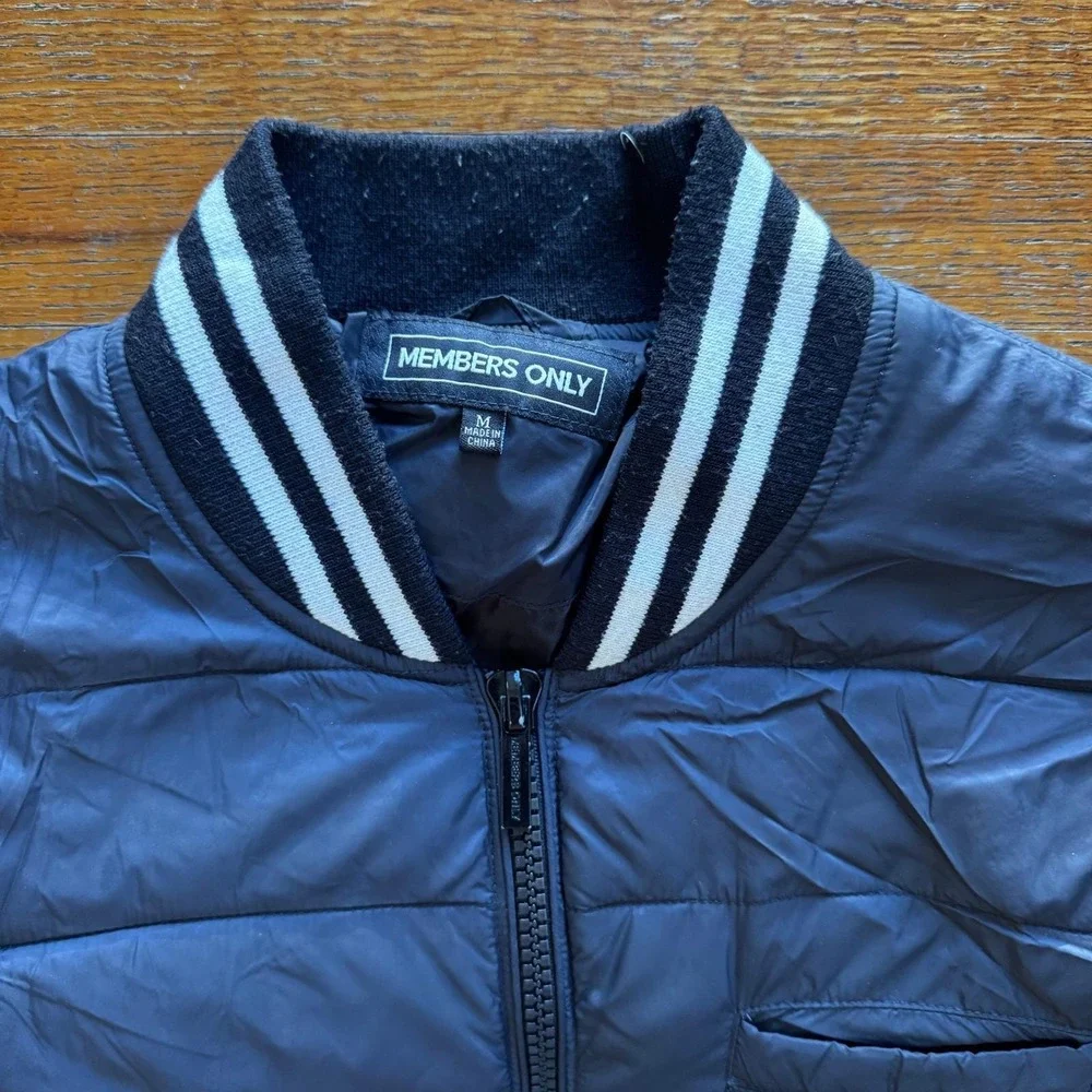 Members Only Puffer Bomber Jacket Black Varsity‎ Ribbed Collar Cuffs Mens Size M